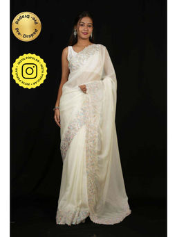 Isadora Life - Womens Embroidered Thread Work White Pre-Draped Saree With Unstitched Blouse