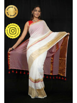 Isadora Life - Womens Woven Tassels White Pre-Draped Saree With Unstitched Blouse