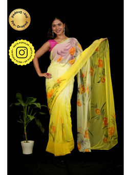 Isadora Life - Womens Floral Printed Yellow Pre-Draped Saree With Unstitched Blouse