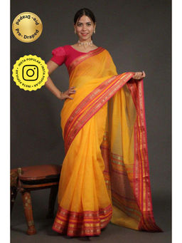 Isadora Life - Womens Solid Woven Yellow Pre-Draped Saree With Unstitched Blouse