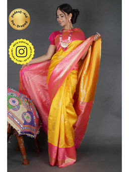 Isadora Life - Womens Woven Zari Yellow Pre-Draped Saree With Unstitched Blouse