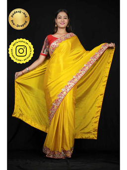 Isadora Life - Womens Solid Embroidered Yellow Pre-Draped Saree With Unstitched Blouse