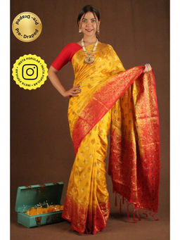 Isadora Life - Womens Woven Tassels Yellow Pre-Draped Saree With Unstitched Blouse