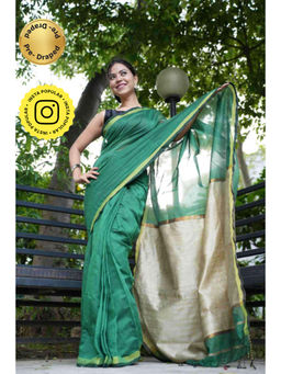 Isadora Life - Womens Woven Tassels Green Pre-Draped Saree With Unstitched Blouse