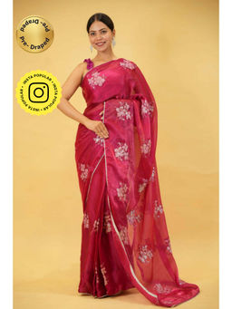 Isadora Life - Womens Embroidered Sequined Pink Pre-Draped Saree With Unstitched Blouse