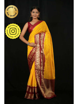 Isadora Life - Womens Woven Zari Yellow Pre-Draped Saree With Unstitched Blouse