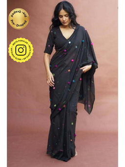 Isadora Life - Womens Embroidered Mirror Work Black Pre-Draped Saree with Unstitched Blouse