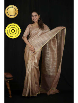 Isadora Life - Womens Stripes Woven Beige Pre-Draped Saree With Unstitched Blouse