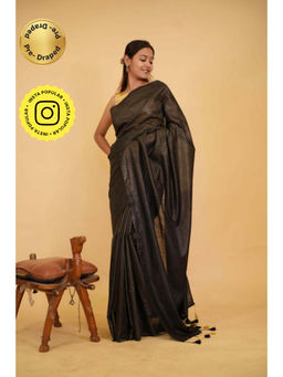 Isadora Life - Womens Stripes Embroidered Black Pre-Draped Saree With Unstitched Blouse