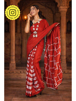 Isadora Life - Womens Hand Block Printed Red Pre-Draped Saree with Unstitched Blouse