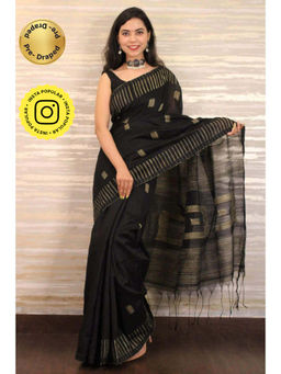Isadora Life - Womens Stripes Tassels Black Pre-Draped Saree with Unstitched Blouse