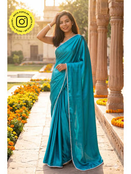 Isadora Life - Womens Solid Gota Blue Pre-Draped Saree with Unstitched Blouse