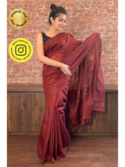 Isadora Life - Womens Woven Tassels Maroon Pre-Draped Saree With Unstitched Blouse