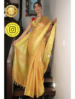 Isadora Life - Womens Woven Tassels Yellow Pre-Draped Saree With Unstitched Blouse