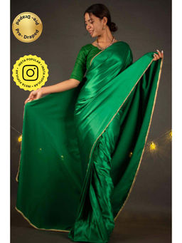 Isadora Life - Womens Solid Lace Work Green Pre-Draped Saree With Unstitched Blouse