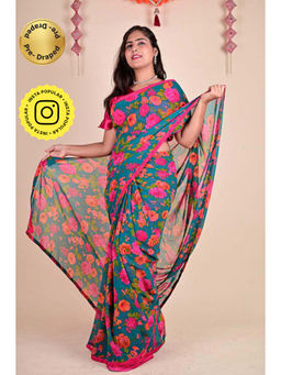 Isadora Life - Womens Floral Sequined Green Pre-Draped Saree With Unstitched Blouse