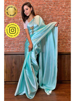 Isadora Life - Womens Solid Gota Blue Pre-Draped Saree With Unstitched Blouse