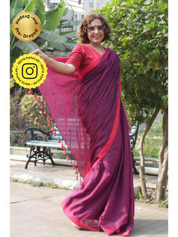 Isadora Life - Womens Solid Tassels Purple Pre-Draped Saree With Unstitched Blouse