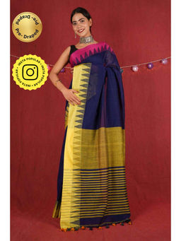 Isadora Life - Womens Woven Tassels Navy Blue Pre-Draped Saree With Unstitched Blouse