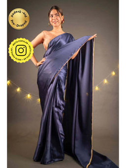Isadora Life - Womens Solid Sequined Navy Blue Pre-Draped Saree With Unstitched Blouse