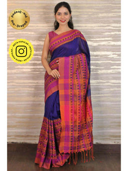 Isadora Life - Womens Woven Tassels Blue Pre-Draped Saree With Unstitched Blouse