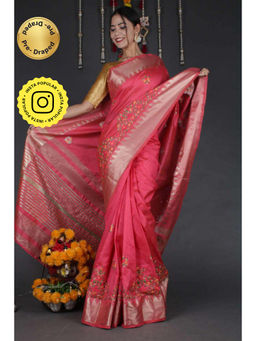 Isadora Life - Womens Woven Embroidered Pink Pre-Draped Saree With Unstitched Blouse