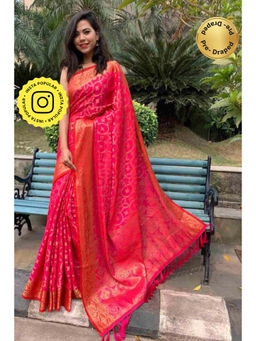 Isadora Life - Womens Woven Tassels Pink Pre-Draped Saree With Unstitched Blouse