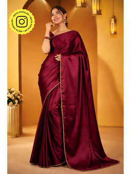 Isadora Life - Womens Solid Sequined Maroon Pre-Draped Saree With Unstitched Blouse
