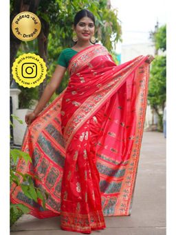 Isadora Life - Womens Woven Zari Red Pre-Draped Saree With Unstitched Blouse