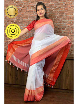 Isadora Life - Womens Woven Tassels White Pre-Draped Saree With Unstitched Blouse