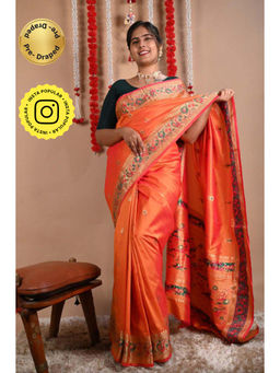 Isadora Life - Womens Woven Zari Orange Pre-Draped Saree With Unstitched Blouse