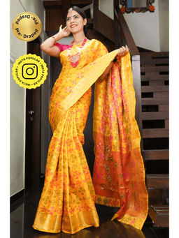 Isadora Life - Womens Woven Zari Yellow Pre-Draped Saree With Unstitched Blouse