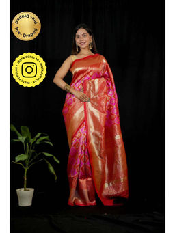 Isadora Life - Womens Woven Zari Pink Pre-Draped Saree with Unstitched Blouse