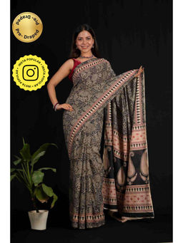 Isadora Life - Womens Block Print Black Pre-Draped Saree with Unstitched Blouse