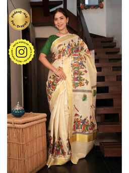 Isadora Life - Womens Zari Printed Beige Pre-Draped Saree with Unstitched Blouse