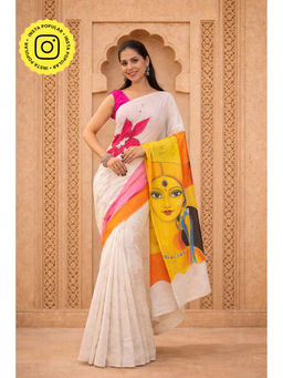 Isadora Life - Womens Hand Painted White Pre-Draped Saree with Unstitched Blouse