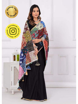 Isadora Life - Womens Printed Tassels Black Pre-Draped Saree with Unstitched Blouse