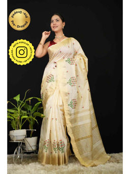 Isadora Life - Womens Embroidered Zari Ivory Pre-Draped Saree with Unstitched Blouse