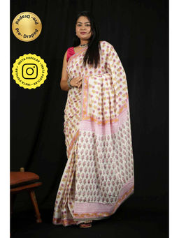 Isadora Life - Womens Floral Printed White Pre-Draped Saree with Unstitched Blouse