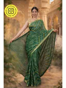 Isadora Life - Womens Bandhani Printed Green Pre-Draped Saree with Unstitched Blouse