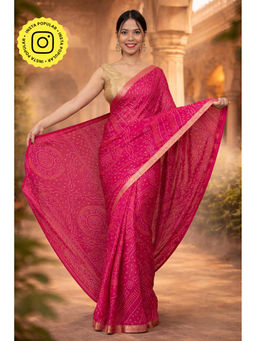 Isadora Life - Womens Bandhani Printed Pink Pre-Draped Saree with Unstitched Blouse