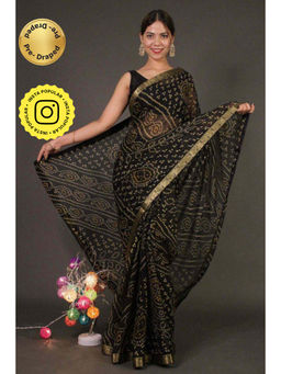 Isadora Life - Womens Bandhani Printed Black Pre-Draped Saree with Unstitched Blouse