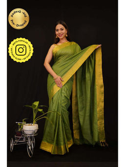 Isadora Life - Womens Solid Tassels Green Pre-Draped Saree with Unstitched Blouse
