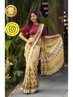 Isadora Life - Womens Printed Tassels Beige Pre-Draped Saree with Unstitched Blouse