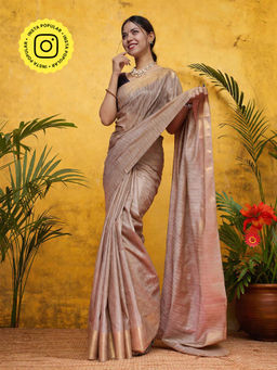Isadora Life - Womens Stripes Zari Beige Pre-Draped Saree with Unstitched Blouse