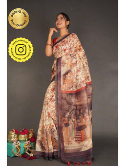 Isadora Life - Womens Kalamkari Printed Beige Pre-Draped Saree with Unstitched Blouse