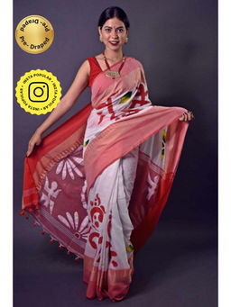 Isadora Life - Womens Printed Tassels White Pre-Draped Saree with Unstitched Blouse