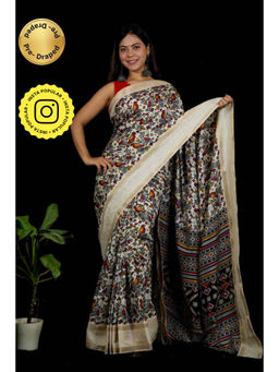Isadora Life - Womens Printed White Pre-Draped Saree with Unstitched Blouse