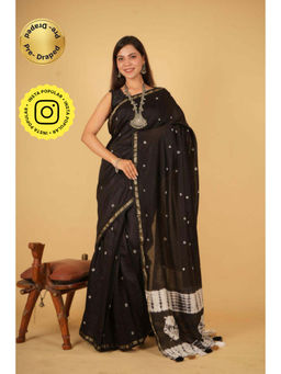 Isadora Life - Womens Printed Tassels Black Pre-Draped Saree with Unstitched Blouse
