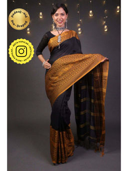 Isadora Life - Womens Woven Tassels Black Pre-Draped Saree with Unstitched Blouse